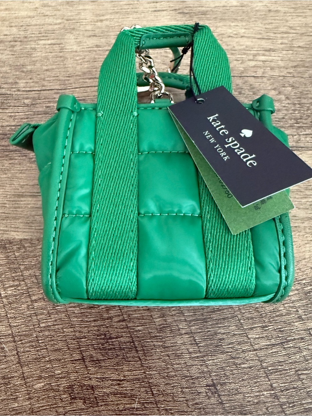 kate spade green quilted mini tote keychain